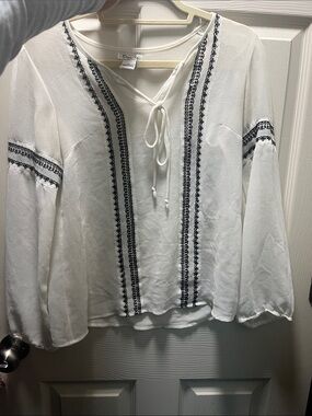 Pinky White Peasant Blouse with Black Embroidered Trim